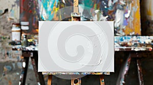 A pristine white canvas propped on an easel waiting to be adorned with the finest acrylic paints photo