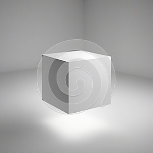 A pristine white cube floating in an infinite, subtle gradient void, dramatic shadow play, representing purity, iso