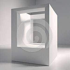 A pristine white cube floating in an infinite, subtle gradient void, dramatic shadow play, representing purity, iso
