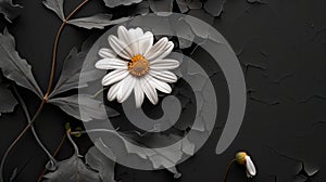 a pristine white flower, such as a daisy, delicately adorned with ash against a dark background, evoking a sense of