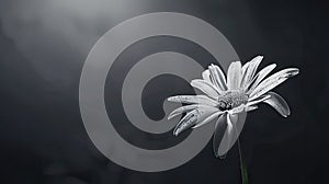 a pristine white flower, such as a daisy, delicately adorned with ash against a dark background, evoking a sense of