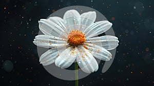 a pristine white flower, such as a daisy, delicately adorned with ash against a dark background, evoking a sense of