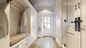 A Pristine White Hallway Cabinet Featuring Hangers, a Drawer-Fitted Bench, and Additional Storage, Adjacent to the Bathroom Door