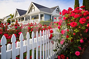 pristine white picket fence with blooming roses
