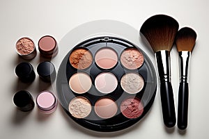 On a pristine white table, makeup set featuring brush and powder