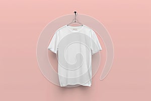 A pristine white Tshirt hangs against a pink Wall. Mockup Concept. Generative Ai