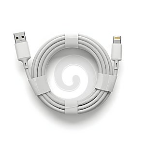 White USB-A to Lightning Charging Cable Neatly Coiled on a Bright Background