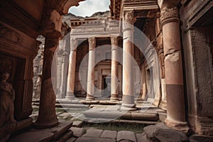 pristinely preserved ancient temple, with broken and toppled columns and archways photo