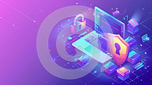 Privacy banner. GDPR concept with isometric laptop and shield with lock. Modern landing page of digital security of