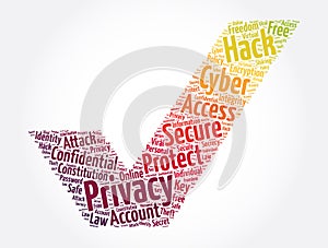 Privacy check mark word cloud collage, concept background