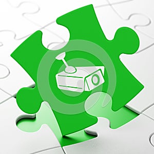 Privacy concept: Cctv Camera on puzzle background