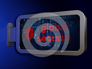 Privacy concept: global security and shield with keyhole on billboard background