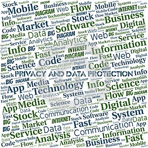 Privacy And Data Protection vector word cloud, made with text only.