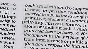 Privacy definition pointed in dictionary, right to stay alone or undisturbed