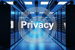 Privacy logo in large modern data center with multiple rows of network internet server racks, 3D Illustration