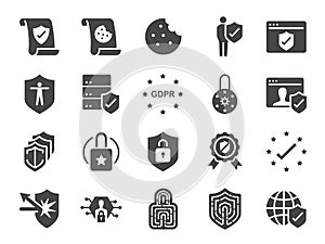 Privacy policy icon set. Included the icons as security information, GDPR, data protection, shield, cookies policy, compliant, per