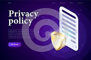 Privacy Policy illsutration concept, 3d contract with sign and 3d shield, protection concept. Isometric 3d website app