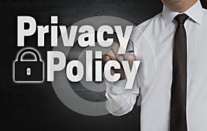 Privacy policy is written by businessman on screen