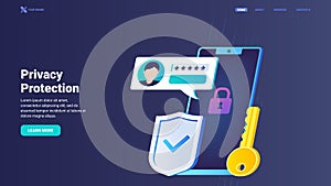 Privacy protection, personal information security. Data safety. Verification and authorisation vector illustration for web site,