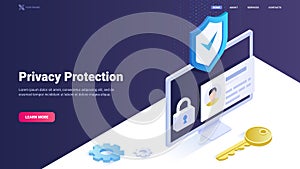 Privacy protection, personal information security. Data safety. Verification and authorisation vector illustration for web site,