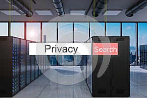 Privacy in red search bar large modern server room skyline view, 3D Illustration