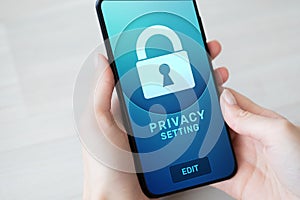 Privacy settings on mobile phone screen. Cyber security concept.