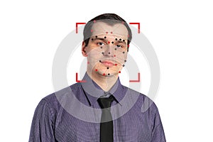 Privacy, Verification and Facial Recognition concept. Man and technology biometric security system photo