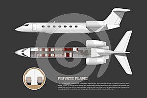 Private airplane interior. Side and top view of bussiness plane. Plane seats map. 3d drawing of commercial aircraft