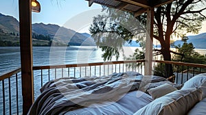 A private balcony overlooking a serene lake with the gentle lapping of waves creating a peaceful sleep soundtrack. 2d