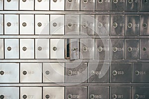 Private bank deposit box - close up of opened mailbox with a small key