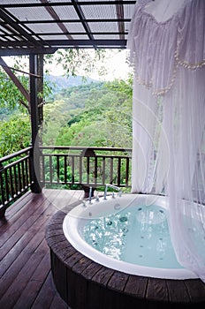 Private bath with a white veil.