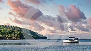 Private boat in the great Mediterranean landscape of Akyaka village in Mugla