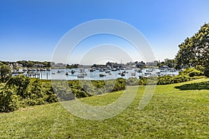 Private boats anchor in the harbor of Harwich, Cap Cod peninsula