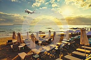 Private business plane on landing flies over the sandy beach with sun loungers on the background of sunset, sun and clouds. Crete,