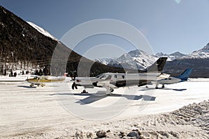 Private and corporate jets in the airport in St Moritz Switzerland