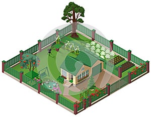Private country house cottage and garden. American suburbia home isometric illustration photo