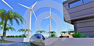 Private country house with its own wind farm. The amount of electricity is enough for itself, as well as for sale to neighboring