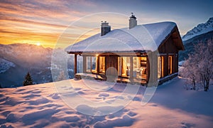 Private country house in the Swiss mountains during the winter season at sunset