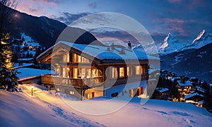 Private country house in the Swiss mountains during the winter season at sunset