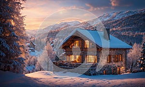 Private country house in the Swiss mountains during the winter season at sunset