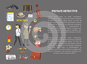 Private Detective Banner Template with Place for Text, Detective Agency, Crime Investigation, Investigators With