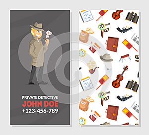 Private Detective Business Card Template, Investigators Equipment and Accessories Frame with Place for Text