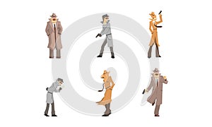 Private Detective Characters at Work Set. Police Inspector Investigating Crime Cartoon Vector Illustration