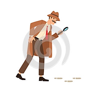 Private detective going on trace look through magnifying glass vector flat illustration. Inspector in coat, hat and