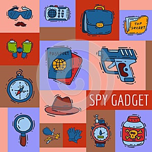 Private detective spy work gadgets magnifier forensic evidence secret documents poster vector illustration. Spying
