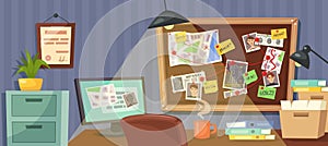 Private detective workplace. Office scene with investigation board, desk cluttered with evidence files cartoon vector