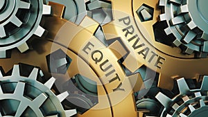 PRIVATE EQUITY concept. Gold and silver gear wheel background illustration. 3d render photo