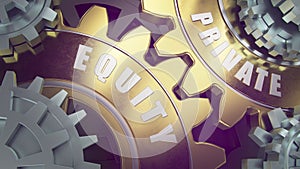 PRIVATE EQUITY concept. Gold and silver gear wheel background looped Animation. 3d render