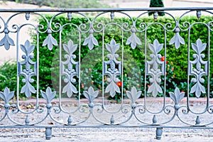 A private garden separated from the street by a metal fence