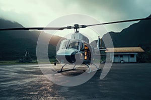 Private helicopter, private jet. Transport in the parking lot on the background of mountains. generative ai